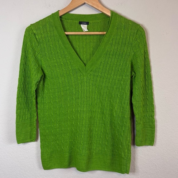 J Crew Lightweight Bright Green V Neck Cable Knit 100% Linen 3/4 Sleeve Shirt - Picture 1 of 9